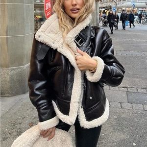 Influencer Aviator Sherpa Faux Leather Buckle Moto Black Coat